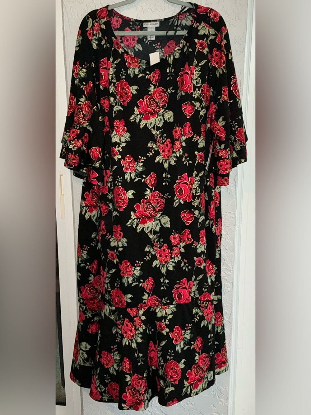 Catherines Black, Red & Gold Dress with Floral Accents